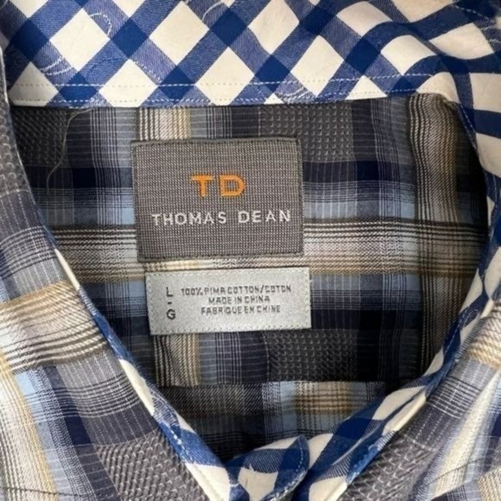 Thomas Dean Mens L Pima Cotton Plaid Button Down Shirt Grey Blue Gingham Trim - Picture 4 of 7